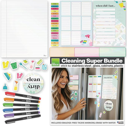M.C. Squares Reusable, Erasable Cleaning Organizer Super Bundle | 36 Count with Checklist, Labels, Reminders, Jotter, and 6 Smudge-Free Tackie Markers | Cling to Stainless Steel & Glass | USA Made
