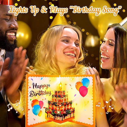 Birthday Cards, Musical Pop Up Birthday Cards with Light, Blow Out LED Light Candle and Play Happy Birthday Music Pop Up Card, 90 Degree Vertical Cake Greeting Card, Birthday Gifts for Women