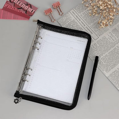 Multibey A5 Binder Cover Clear Soft PVC 6-Ring Binder Budget Evelopes System with Zipper Planner Organizer Refillable Notebook Journal Binder (Black, A5)