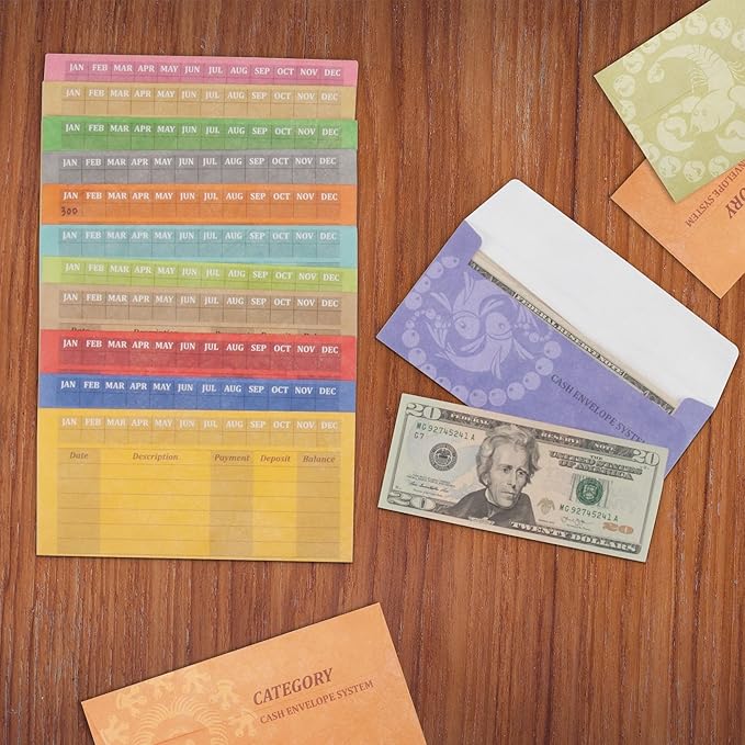 L LIKED Money Plastic Envelopes for Cash, Colored Cash Envelopes for Budgeting and Saving, 1 Zip Envelope and 12 Expense Tracking Budget Sheets, Waterproof and Tear-Resistant.