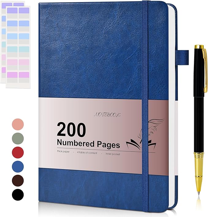 Lined Journal Notebook for Men Women, 200 Numbered Pages Leather Hardcover Journal with Pen, A5 Journaling Notebooks, Thick Paper College Ruled Journals for Writing Work 5.75'' X 8.38'' Navy Blue