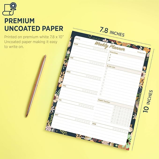 Oriday Weekly Planner Task Organizer Pad - 52 Sheets Undated Planning Tear-away Notepad (7.8" x 10" Dark Flower)