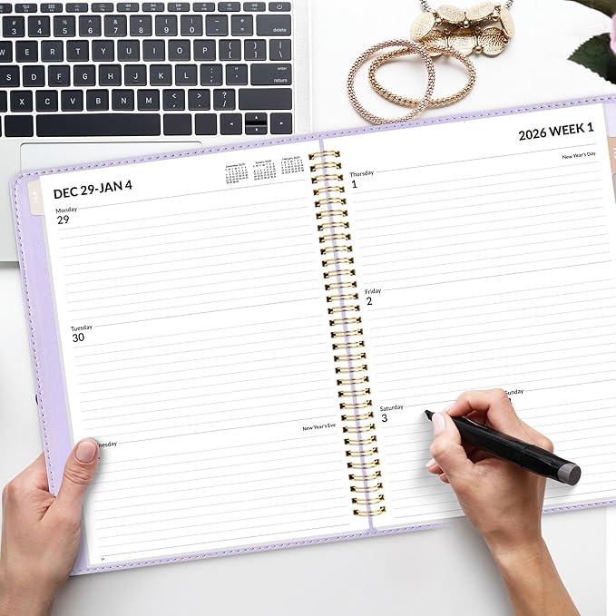 SUNEE 2026 Weekly & Monthly Planner 9"x11.2"- 12 Month (January 2026 - December 2026), Vegan Leather Cover, Pocket, Bookmark, Notes, Monthly Tab, Purple