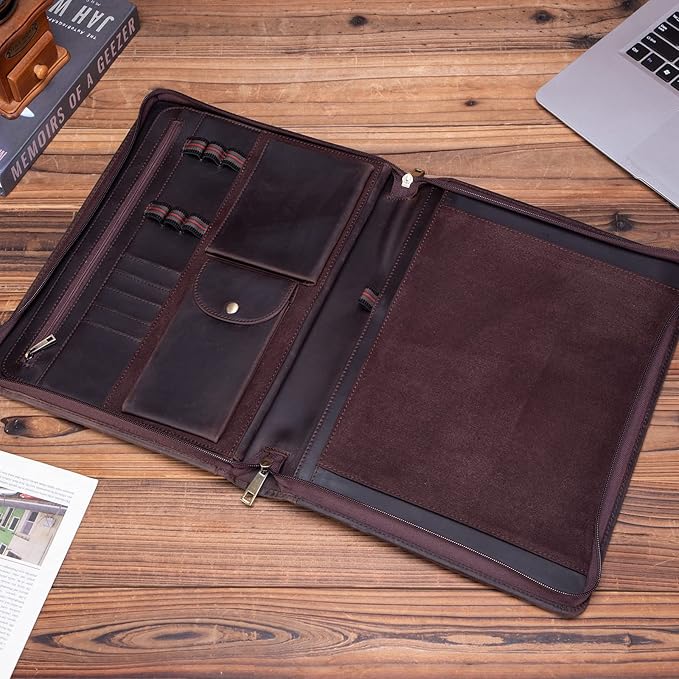 Handmade Crazy-Horse Leather Padfolio Portfolio, Easy to Carry with A Zippered Closure, Business Organizer Tablet Folio Folder with Letter Size Notepad, Gift for Women & Men (Dark Brown)