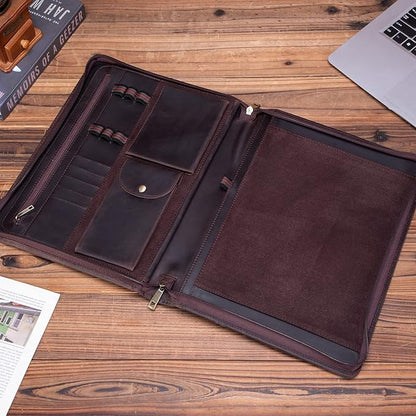 Handmade Crazy-Horse Leather Padfolio Portfolio, Easy to Carry with A Zippered Closure, Business Organizer Tablet Folio Folder with Letter Size Notepad, Gift for Women & Men (Dark Brown)