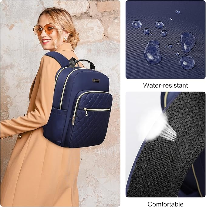 Modoker 15.6 Inch Laptop Backpack for Women, Quilted Work Backpack for Women Bookbag Teacher Backpack, Travel Backpack with USB Charging Port, Backpack Purse for Women Nurse, Blue