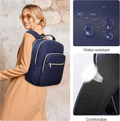 Modoker 15.6 Inch Laptop Backpack for Women, Quilted Work Backpack for Women Bookbag Teacher Backpack, Travel Backpack with USB Charging Port, Backpack Purse for Women Nurse, Blue