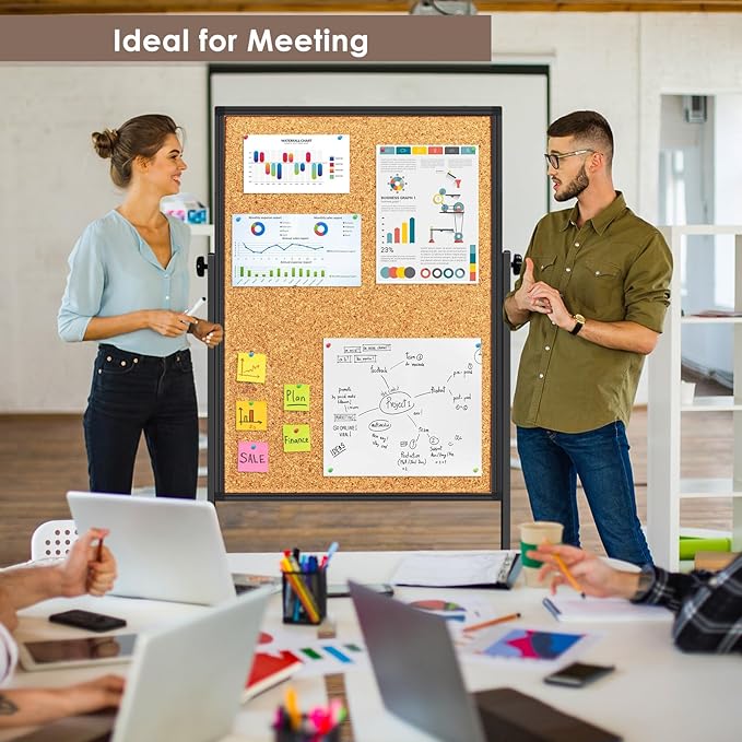 Double Sided Cork Board White Board, 32 x 48 inches Large Cork Board for Office, Height Adjustable Magnetic Dry Erase Board on Wheels, Portable Freestanding Natural Corkboard for Displaying, Planning