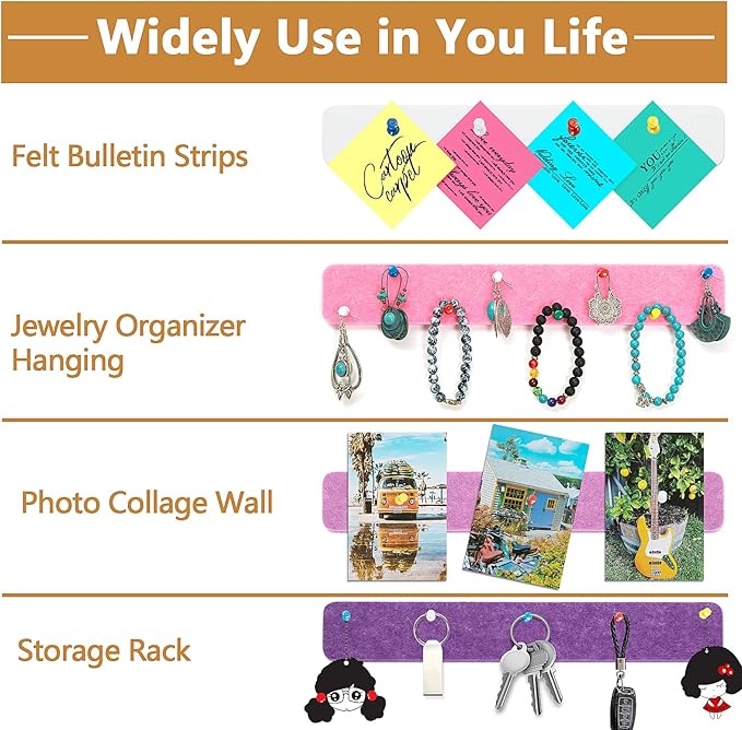 Felt Pin Board Bar Strips Bulletin Board for Bedrooms Offices Home Wall Decoration, Notice Board Self Adhesive Cork Board with 35 Push Pins for Paste Notes, Photos, Schedules (Multi- Purple)