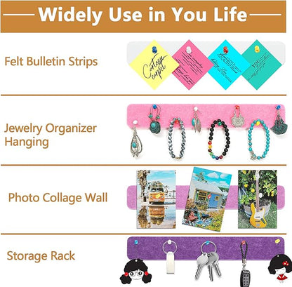 Felt Pin Board Bar Strips Bulletin Board for Bedrooms Offices Home Wall Decoration, Notice Board Self Adhesive Cork Board with 35 Push Pins for Paste Notes, Photos, Schedules (Multi- Purple)