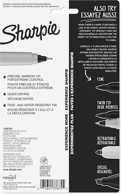 Sharpie 37675PP Permanent Markers, Ultra Fine Point, Assorted Colors, 5 Count
