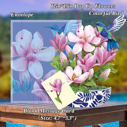 Airpark Paper Pop Up Cards, Magnolia Flowers & Bird, 12inch Paper Flowers 3D Popup Cards with Blank Note Card and Envelope for Birthday, Anniversary, Easter, Get Well Gifts for Women Lover