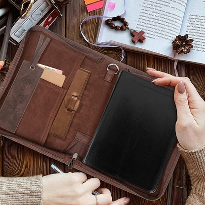 Bible Covers for Women & Men, Leather Bible Case with Rose Bookmark, Bible Supplies Carrying Bag Tote with Strap, Personalized Book Organizer for Study Journaling Bible-Dark Brown