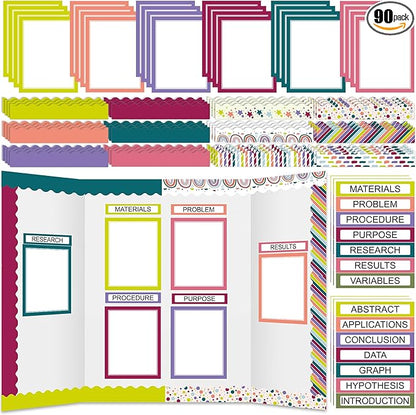 90 Pcs Science Fair Board Supplies 60 Trim Scalloped Bulletin Board Borders 24 Presentation Board Subtitles 6 Science Fair Titles for Classroom Display Boards(Classic)