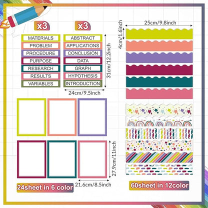 90 Pcs Science Fair Board Supplies 60 Trim Scalloped Bulletin Board Borders 24 Presentation Board Subtitles 6 Science Fair Titles for Classroom Display Boards(Classic)