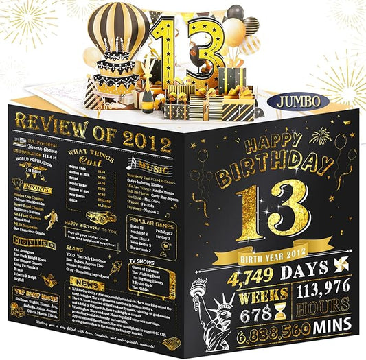 13th Birthday Card for Girl Boy, Funny Pop Up Happy 13th Birthday Cards for Son Daughter, Jumbo 13th Birthday Decorations for 13 Year Old Boys Girls Funny Birthday Gifts, Review of 2012, Black Gold