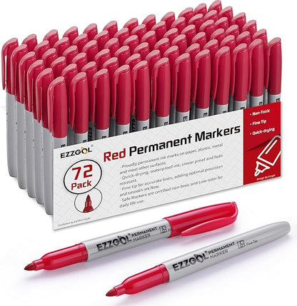 Permanent Markers Bulk, 72 Pack Red Permanent Marker Set, Fine Tip, Waterproof Markers, Premium Smear Proof Pens, Waterproof, Quick Drying, Office Supplies for School, Office, Home