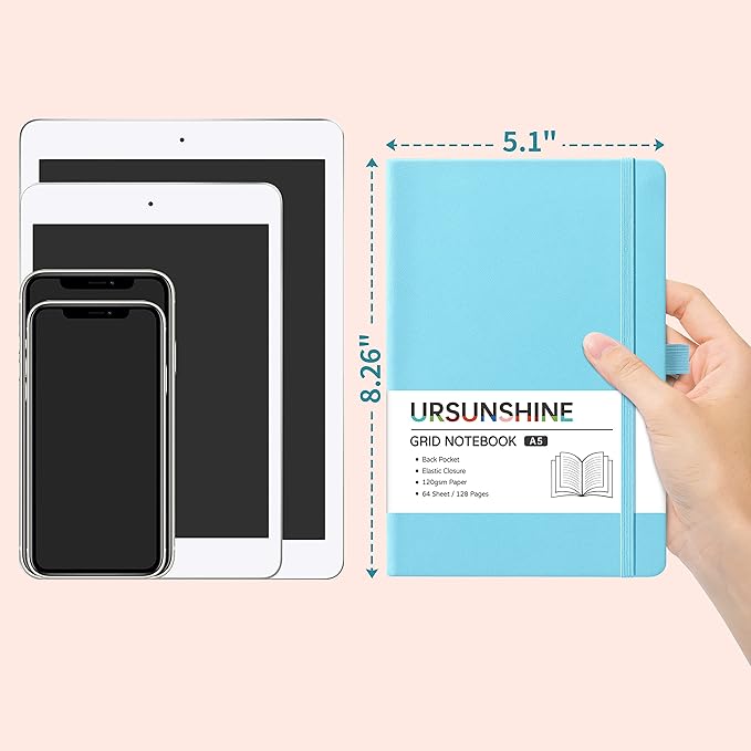 Graph Grid Paper Notebook/Journal - Classic Journal/Notebook with Ribbon Divider, Hardcover with Thick Paper, 5.3" x 8.26", Banded + Pen Holder +Inner Pocket - Light Blue