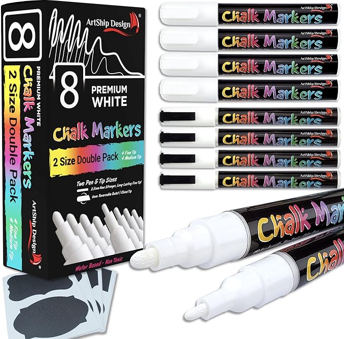 8 White Chalk Markers - Double Pack of Both Fine and Reversible Medium Tip Liquid Chalk Pens Wet Erasable for Menu Boards, Windows, White Boards, Classrooms, Mirrors, Non-Porous Chalkboards, Metal