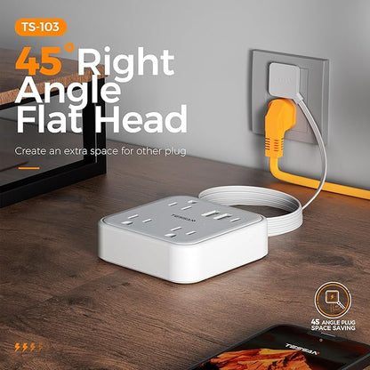 Ultra Thin Flat Extension Cord 5 FT, TESSAN Slim Power Strip with USB Ports (1 USB C), Surge Protector Flat Plug Wall Charger with 3 Outlets for Office, School, Dorm Room Essentials