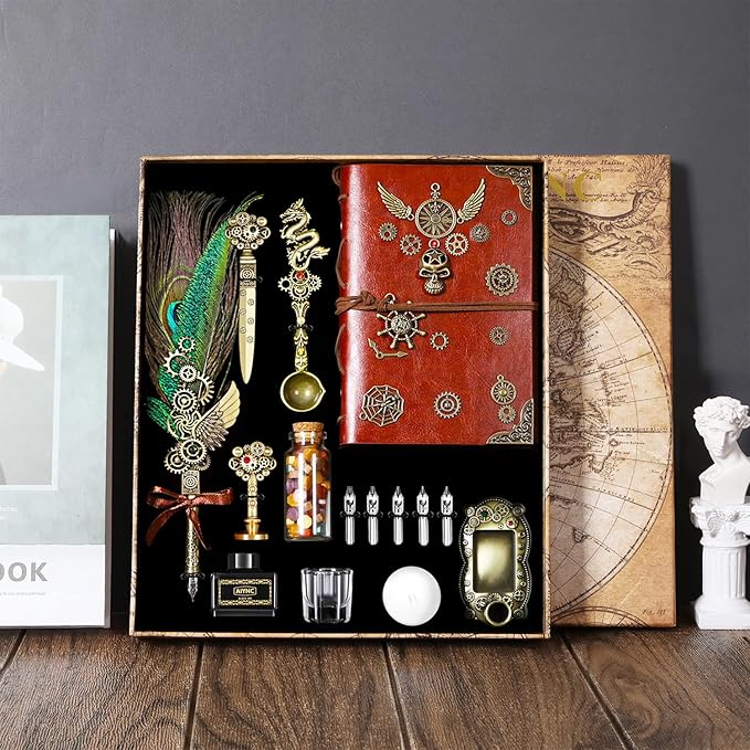 Quill Pen and Ink Set, With Notebook Wax Seal Stamp Kit, Calligraphy Set, Valentine's Day Gifts for Writing Lovers Birthday Gifts, Ideal Calligraphy Gifts for Holidays(Peacock Feather)