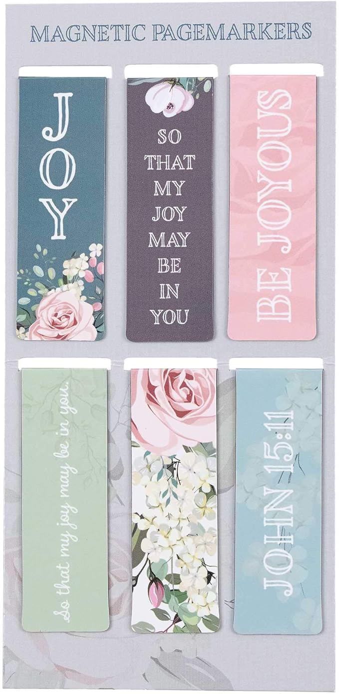 Christian Art Gifts Magnetic Scripture Bookmark Set for Women: That Joy May Be in You - John 15:11 Inspirational Floral Magnetic Bible Verse Pagemarker Set of 6 for Bibles and Books, Size 2.3” x 0.8”
