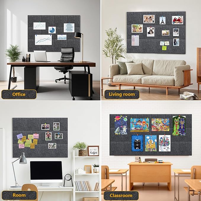 Large Cork Board Alternative - 12 Pack Felt Wall Tiles Office Decor Cork Board for Office, Cork Boards for Walls, Gray Bulletin Board Pin Board with Safe Adhesive for Office/Home/School