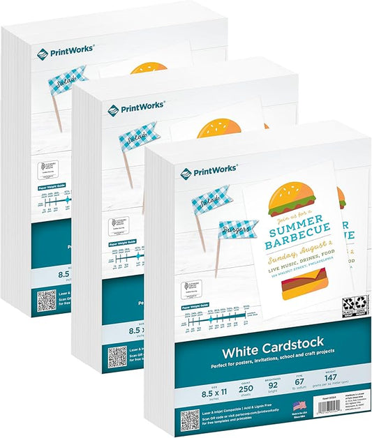 Printworks White Cardstock, Standard, 67 lb. Vellum, 92 Bright, 750 sheets, 8.5 x 11, For Office, Home & School Printing, Craft Projects