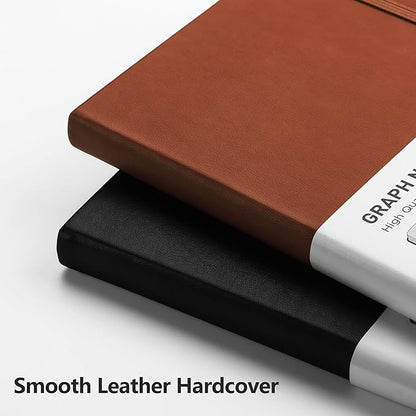 RETTACY Graph Paper Notebook, A5 Grid Notebook Journal with 192 Pages, 5.7'' × 8.3'', Medium Size, Leather Hardcover, 100 GSM Thick Paper, for Students, Homework, Math, Engineering (Brown)