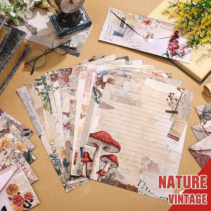 TaoBary 160 Packs Stationery Paper Set (50 Double Sided Stationery Writing Papers 50 Matching Envelopes) 60 Round Dot Sticker, 10 Design(8.5 x 11 Inch,Nature Vintage Style)