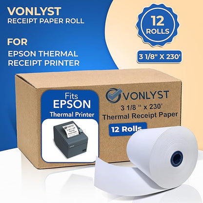 3 1/8 x 230 Thermal Paper Receipt Roll for Epson Printer (Pack 12 rolls)