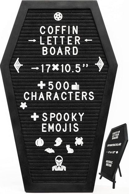Coffin Letter Board Black With Spooky & Seasonal Emojis +550 Characters, Wooden Stand - 17x10.5 Inches - Coffin Shaped Goth Decor Sign Witchy Halloween Decorations Gothic Decor Birthday Wedding Home Spooky Gifts