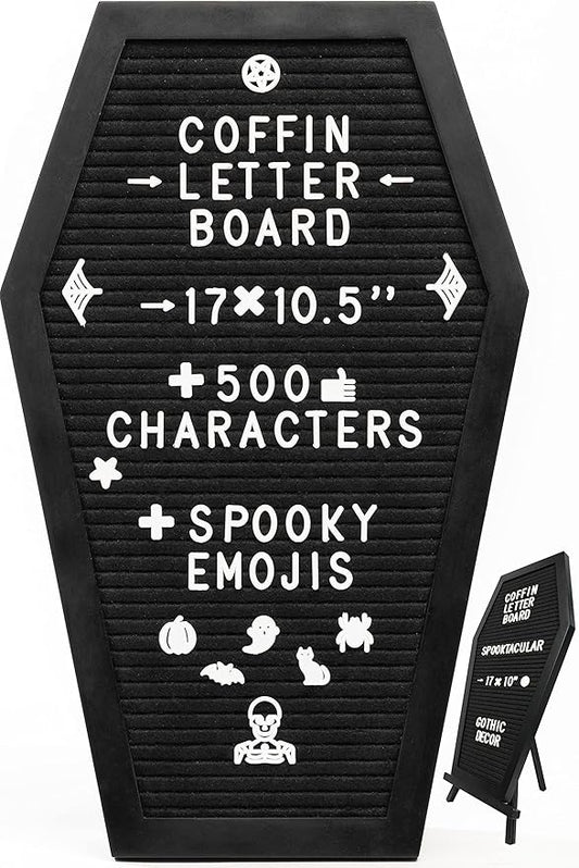 Coffin Letter Board Black With Spooky & Seasonal Emojis +550 Characters, Wooden Stand - 17x10.5 Inches - Coffin Shaped Goth Decor Sign Witchy Halloween Decorations Gothic Decor Birthday Wedding Home Spooky Gifts