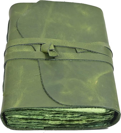 Vintage Green Leather Journal - 200 pages Deckle Edge Rustic Paper - Unlined Pages Book of Shadows, Grimoire, Junk Notebook, Fantasy Medieval Gifts, Sketchbook, Antique Scrapbook (Earthy Green, 9"x6")