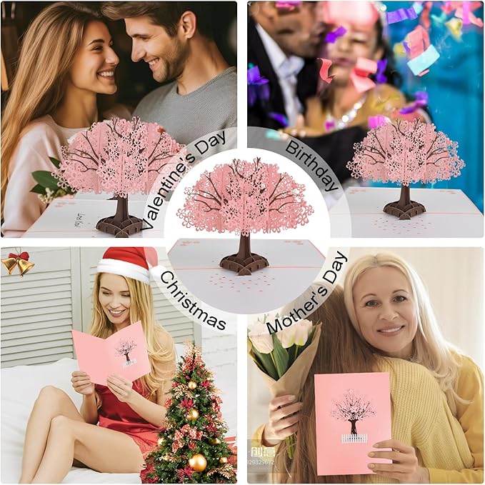 Wanateber 3D Pop Up Aniversary Card with Cherry Tree, Pop Up Lovers Wedding Card, Birthday Cards for Wife, Husband, Lovers, Couple, Romantic Valentines Day Cards, Greeting Cards for Mothers Day