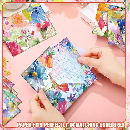 TaoBary 160 Packs Stationery Paper Set (50 Double Sided Stationery Writing Papers 50 Matching Envelopes) 60 Round Dot Sticker, 10 Design(Watercolor Flowers,5.5 x 8.25 Inch)