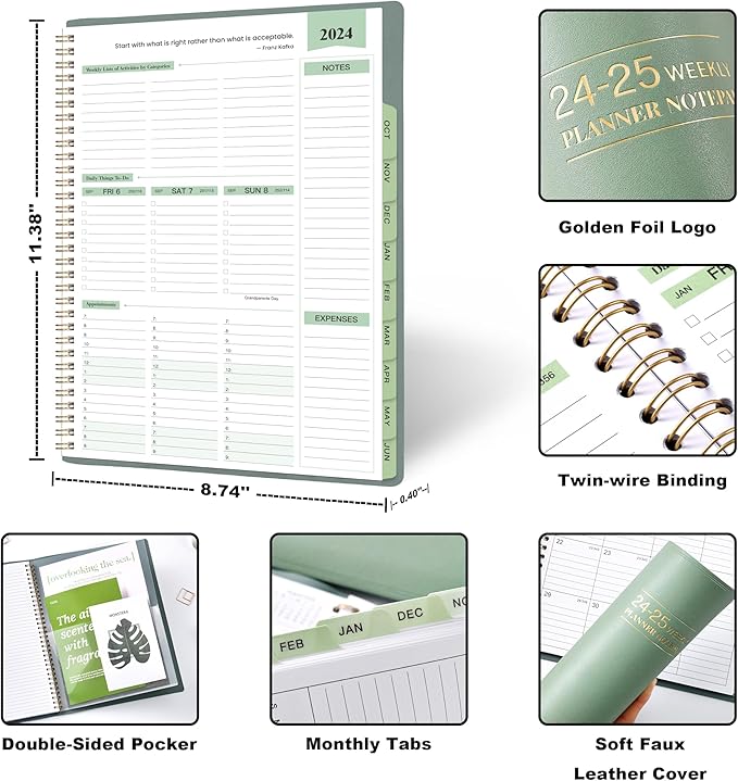 2024-2025 Planner - 11.38'' x 8.74'', Weekly & Monthly Planner Notepad,JUL 2024 - JUN 2025, Appointment Book, 60 Minutes Intervals, Monthly Tabs, Faux Soft Leather, Spiral Bound, Back Pockets - Green