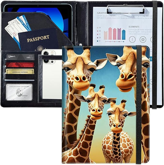 PU Leather Padfolio Folder Clipboard Portfolios Organizer Conference Document Organizer with Business Card Holder Storage Clipboard Writing Pad,Giraffe