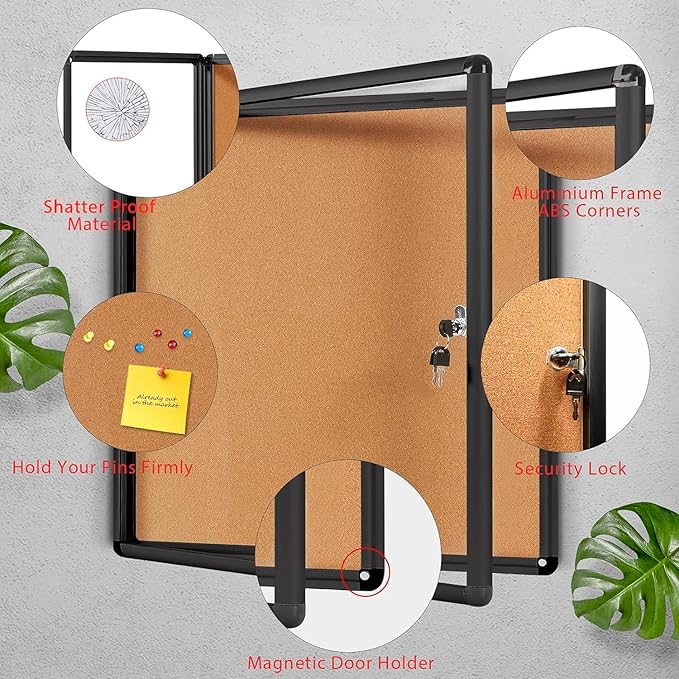 SWANCROWN Lockable Noticeboard Wall-Mounted Bulletin Cork Boards Tamper Proof Information Board Indoor,Black Frame,28x26 inch (6xA4)