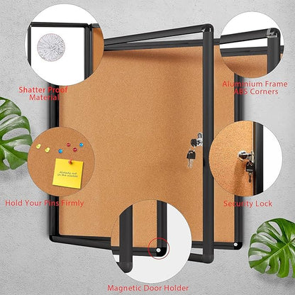 SWANCROWN Lockable Noticeboard Wall-Mounted Bulletin Cork Boards Tamper Proof Information Board Indoor,Black Frame,28x26 inch (6xA4)