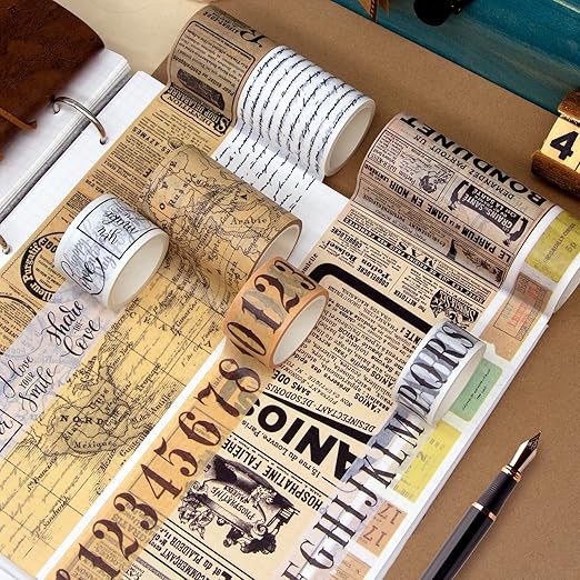 WAPETASHI Vintage Washi Tape Set 157ft Long - Antique Japanese Masking Tapes, Decorative for Scrapbooking Supplies, Bullet Journals, Planners, DIY Crafts, Gift Wrapping - 8 Different Design