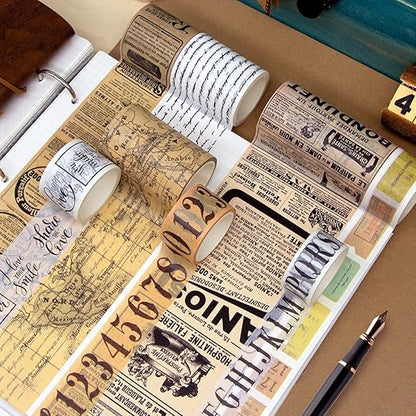 WAPETASHI Vintage Washi Tape Set 157ft Long - Antique Japanese Masking Tapes, Decorative for Scrapbooking Supplies, Bullet Journals, Planners, DIY Crafts, Gift Wrapping - 8 Different Design