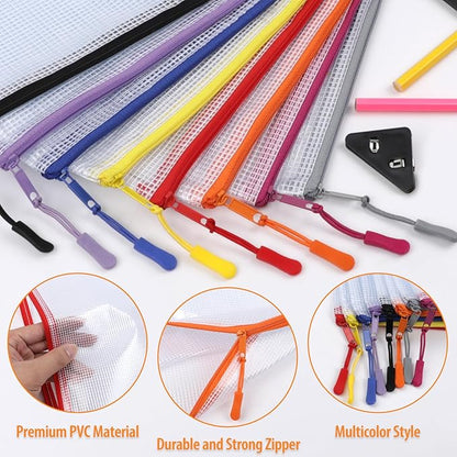 20PCS Mesh Zipper Pouch Bags, A4 13x9 Inches Waterproof Mesh Bags with Zipper, Plastic Zipper Pouch for Organizing, Mesh Bag for Travel Storage School Supplies, 8 Colors Assortment