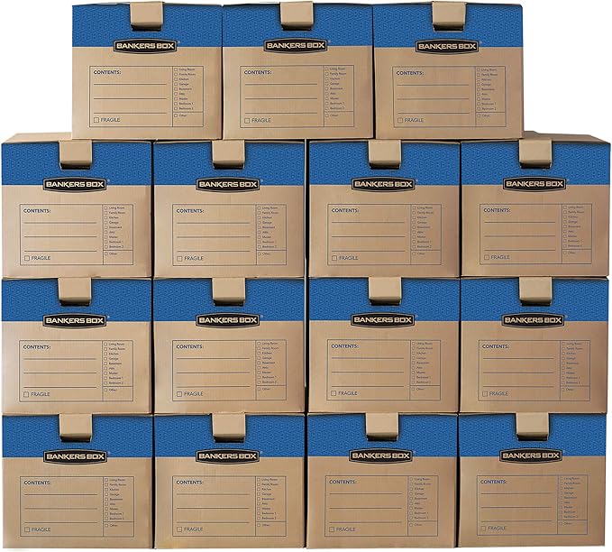 Bankers Box Medium Prime Moving Boxes, Tape-Free FastFold with Reinforced Handles and Attached Locking Lid (Pack of 15)