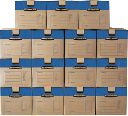 Bankers Box Medium Prime Moving Boxes, Tape-Free FastFold with Reinforced Handles and Attached Locking Lid (Pack of 15)