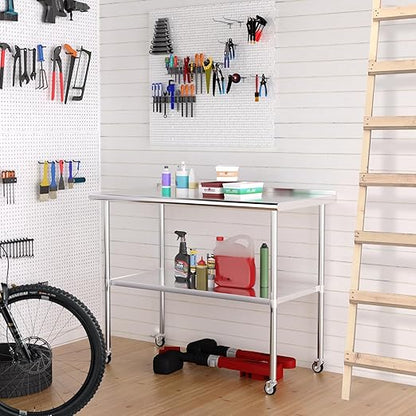 Stainless Steel Table 24 x 48 Inches with 4 Wheels，Metal Prep Table with Backsplash & Adjustable Undershelf for Commercial Kitchen, Outdoor, Restaurant, Hotel & Garage