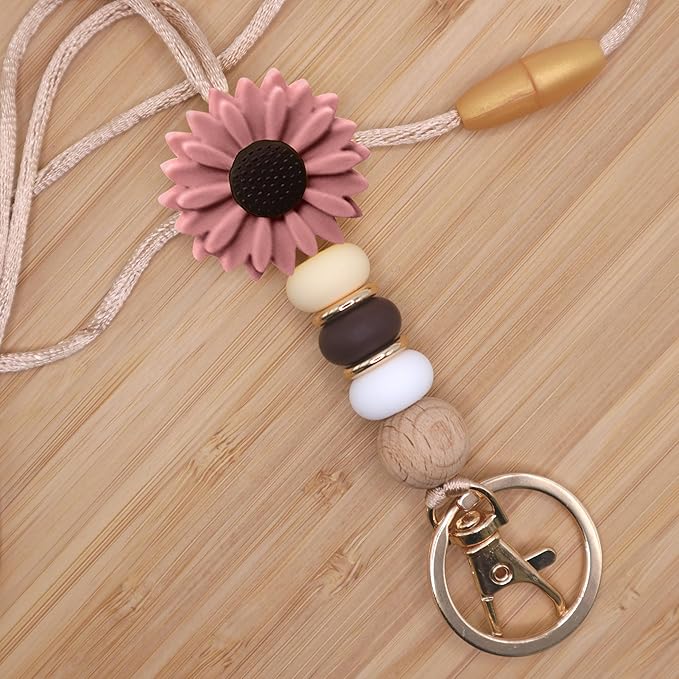Flower Teacher Lanyards ID Badge and Key Chain, Cute Silicone Beads Lanyard for Women Nurse Work Student (Dark Violet)