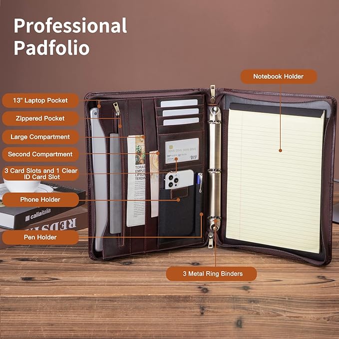 Genuine Leather Portfolio with 3 Ring Binder, Full Grain Leather Padfolio Zippered, A4 Notebook Holder Laptop Sleeve Professional Folder Organizer Gift for Men and Women, Dark Brown, Oil Tanned