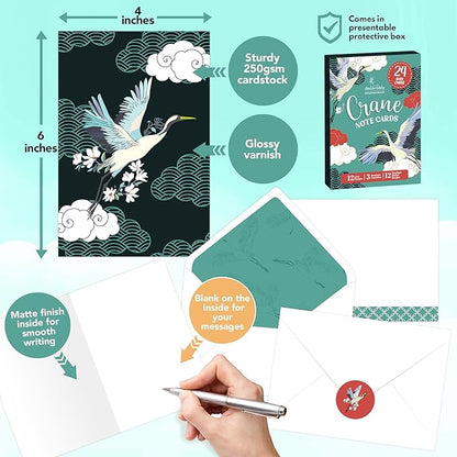 Decorably 24 Pack 4x6in Crane Note Cards with Envelopes and Stickers, 12 Adorable Designs Crane Notecards Envelopes Set, Blank Inside - Baby Shower, Kid's Party, Birthday