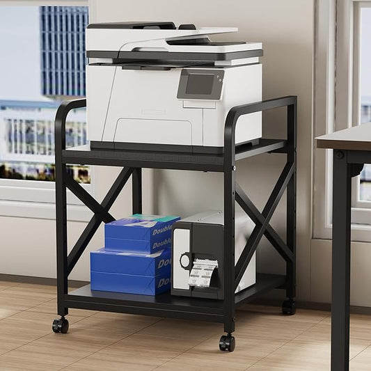 Ollieroo 2 Tier Printer Stand with Storage Shelf, Printer Table with Height Adjustable Top Shelf, Under Desk Storage Printer Cart for Paper Shredder Scanner, 3D Printer Stand for Home Office(Black)
